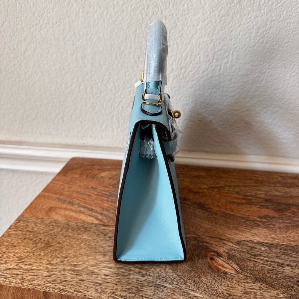 LEATHER INSIDE & OUT | Aqua Sky Mini 22 Sellier Belted KL Top Handle w/ Gold S17 - Picture 5 of 14
